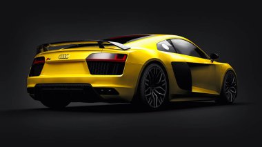 Tula, Rusya. 12 Mayıs 2021: Audi R8 V10 Quattro 2016 sarı lüks süper spor araba siyah arka planda. 3d oluşturma.