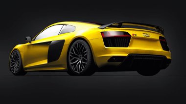 Tula, Rusya. 12 Mayıs 2021: Audi R8 V10 Quattro 2016 sarı lüks süper spor araba siyah arka planda. 3d oluşturma.