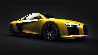 Tula, Rusya. 12 Mayıs 2021: Audi R8 V10 Quattro 2016 sarı lüks süper spor araba siyah arka planda. 3d oluşturma.