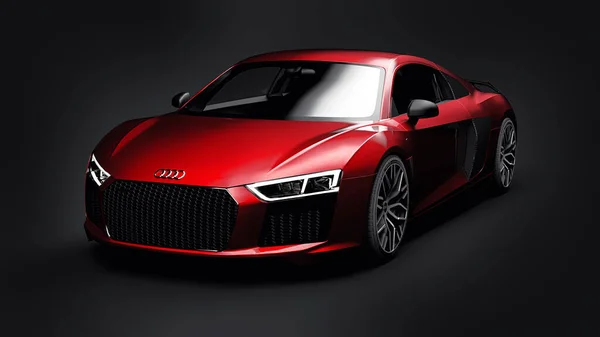 Tula, Rússia. Maio 11, 2021: Audi R8 V10 Quattro 2016 luxo vermelho elegante super carro esporte no fundo preto. Renderização 3d. — Fotografia de Stock