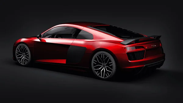 Tula, Rusko. 11. května 2021: Audi R8 V10 Quattro 2016 červené luxusní stylové super sportovní auto na černém pozadí. 3D vykreslování. — Stock fotografie