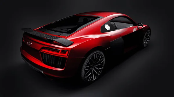 Toula, Russie. 11 mai 2021 : Audi R8 V10 Quattro 2016 rouge luxe élégant super voiture de sport sur fond noir. Rendu 3d. — Photo