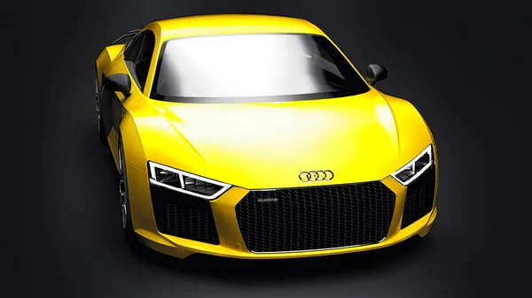 툴라, 러시아. 2021 년 5 월 12 일: 아우디 R8 V10 Quattro 2016 옐로우 럭셔리 스타일의 슈퍼 스포츠 카검은 배경. 3d 렌더링. — 스톡 사진