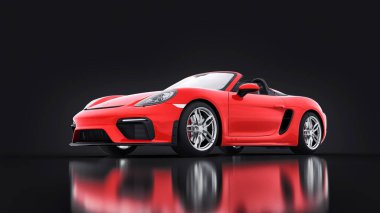 Tula, Rusya. 26 Mart 2021: Porsche 718 Spider 2017 siyah arka planda kırmızı spor araba Cabrio. 3d görüntüleme, 3d illüstrasyon