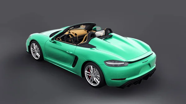 俄罗斯 2021年3月27日 Porsche 718 Spider 2017 灰色背景的薄荷绿色跑车 3D渲染 3D说明 — 图库照片