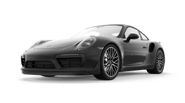 Tula, Rusya. 15 Mart 2021: Porsche 911 Turbo S 2016 siyah spor araba coupe beyaz arka planda izole edildi. 3d oluşturma
