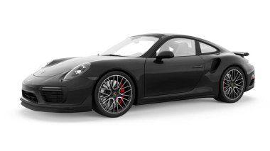 Tula, Rusya. 15 Mart 2021: Porsche 911 Turbo S 2016 siyah spor araba coupe beyaz arka planda izole edildi. 3d oluşturma