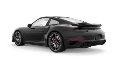 Tula, Rusya. 15 Mart 2021: Porsche 911 Turbo S 2016 siyah spor araba coupe beyaz arka planda izole edildi. 3d oluşturma