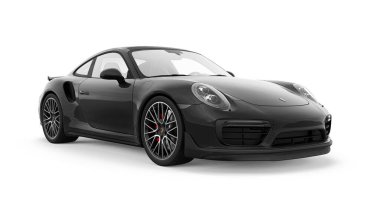 Tula, Rusya. 15 Mart 2021: Porsche 911 Turbo S 2016 siyah spor araba coupe beyaz arka planda izole edildi. 3d oluşturma