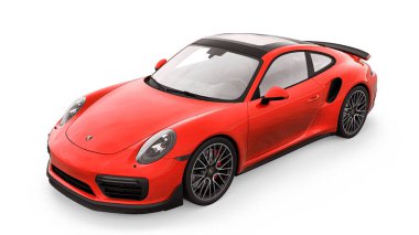 Tula, Rusya. 16 Mart 2021: Porsche 911 Turbo S 2016 kırmızı spor araba coupe beyaz arka planda izole edildi. 3d oluşturma