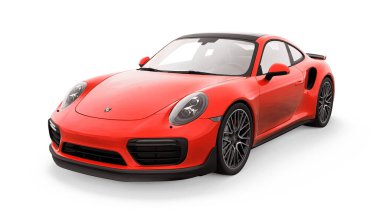 Tula, Rusya. 16 Mart 2021: Porsche 911 Turbo S 2016 kırmızı spor araba coupe beyaz arka planda izole edildi. 3d oluşturma