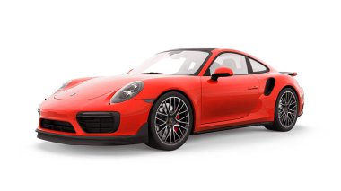 Tula, Rusya. 16 Mart 2021: Porsche 911 Turbo S 2016 kırmızı spor araba coupe beyaz arka planda izole edildi. 3d oluşturma