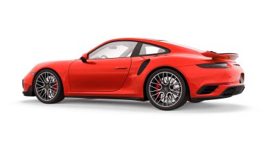 Tula, Rusya. 16 Mart 2021: Porsche 911 Turbo S 2016 kırmızı spor araba coupe beyaz arka planda izole edildi. 3d oluşturma