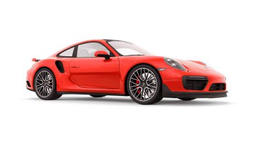 Tula, Rusya. 16 Mart 2021: Porsche 911 Turbo S 2016 kırmızı spor araba coupe beyaz arka planda izole edildi. 3d oluşturma