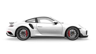 Tula, Rusya. 16 Mart 2021: Porsche 911 Turbo S 2016 beyaz spor araba coupe beyaz arka planda izole edildi. 3d oluşturma