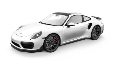 Tula, Rusya. 16 Mart 2021: Porsche 911 Turbo S 2016 beyaz spor araba coupe beyaz arka planda izole edildi. 3d oluşturma