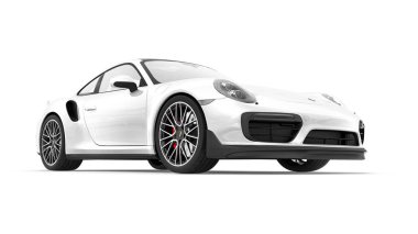 Tula, Rusya. 16 Mart 2021: Porsche 911 Turbo S 2016 beyaz spor araba coupe beyaz arka planda izole edildi. 3d oluşturma