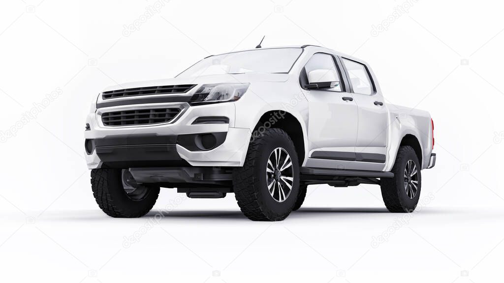 White pickup car on a white background. 3d rendering
