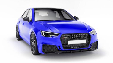 Tula, Rusya. 8 Haziran 2021: Mavi Audi RS4 Quattro 2018 lüks araba beyaz arka planda izole edildi. 3d oluşturma