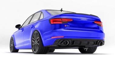 Tula, Rusya. 8 Haziran 2021: Mavi Audi RS4 Quattro 2018 lüks araba beyaz arka planda izole edildi. 3d oluşturma