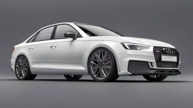 Tula, Rusya. 9 Haziran 2021: Gri arka planda izole edilmiş beyaz Audi RS4 Quattro 2018 lüks araba. 3d oluşturma