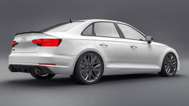 Tula, Rusya. 9 Haziran 2021: Gri arka planda izole edilmiş beyaz Audi RS4 Quattro 2018 lüks araba. 3d oluşturma