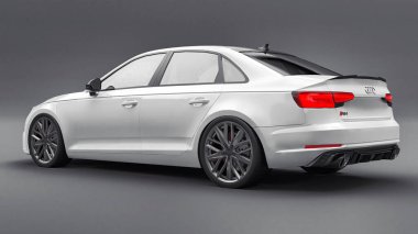 Tula, Rusya. 9 Haziran 2021: Gri arka planda izole edilmiş beyaz Audi RS4 Quattro 2018 lüks araba. 3d oluşturma