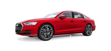 Tula, Rusya. 25 Şubat 2021: Kırmızı Audi A8 Quattro 2020 lüks araba beyaz arka planda izole edildi. 3d oluşturma