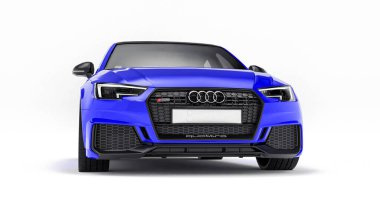Tula, Rusya. 8 Haziran 2021: Mavi Audi RS4 Quattro 2018 lüks araba beyaz arka planda izole edildi. 3d oluşturma