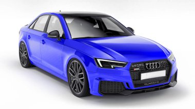Tula, Rusya. 8 Haziran 2021: Mavi Audi RS4 Quattro 2018 lüks araba beyaz arka planda izole edildi. 3d oluşturma
