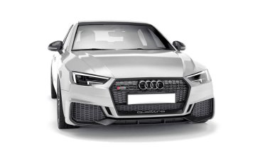 Tula, Rusya. 9 Haziran 2021: Gri Audi RS4 Quattro 2018 lüks araba beyaz arka planda izole edildi. 3d oluşturma