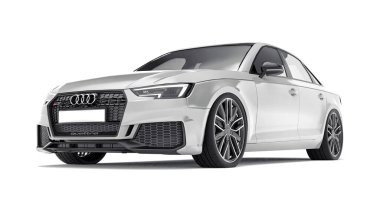 Tula, Rusya. 9 Haziran 2021: Gri Audi RS4 Quattro 2018 lüks araba beyaz arka planda izole edildi. 3d oluşturma