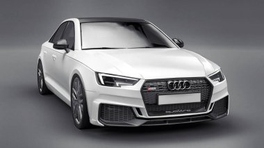Tula, Rusya. 9 Haziran 2021: Gri arka planda izole edilmiş beyaz Audi RS4 Quattro 2018 lüks araba. 3d oluşturma