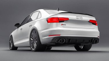 Tula, Rusya. 9 Haziran 2021: Gri arka planda izole edilmiş beyaz Audi RS4 Quattro 2018 lüks araba. 3d oluşturma