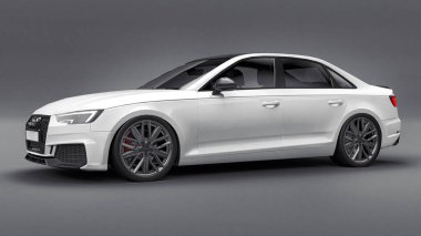 Tula, Rusya. 9 Haziran 2021: Gri arka planda izole edilmiş beyaz Audi RS4 Quattro 2018 lüks araba. 3d oluşturma