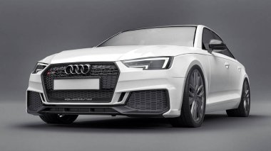 Tula, Rusya. 9 Haziran 2021: Gri arka planda izole edilmiş beyaz Audi RS4 Quattro 2018 lüks araba. 3d oluşturma