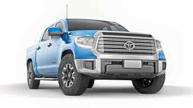 Tula, Rusya. 8 Haziran 2021: Toyota Tundra 2020 tam boy mavi kamyonet beyaz arka planda izole edildi. 3d oluşturma