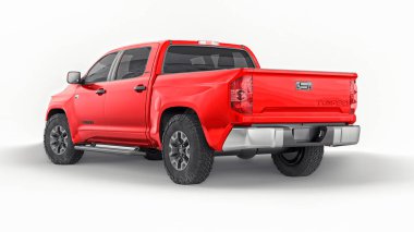 Tula, Rusya. 7 Haziran 2021: Toyota Tundra 2020 tam boy kırmızı kamyonet beyaz arka planda izole edildi. 3d oluşturma