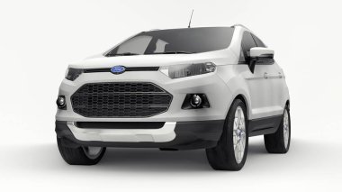 Tula, Rusya. 11 Haziran 2021: Ford EcoSport 2016 beyaz arazi aracı beyaz zemin üzerinde izole edildi. 3d oluşturma