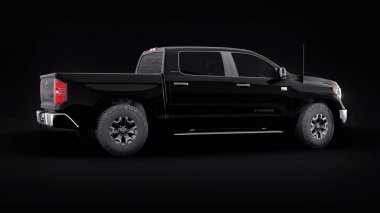 Tula, Rusya. 10 Haziran 2021: Toyota Tundra 2020 siyah arka planda izole edilmiş tam boy siyah kamyonet. 3d oluşturma