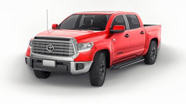 Tula, Rusya. 7 Haziran 2021: Toyota Tundra 2020 tam boy kırmızı kamyonet beyaz arka planda izole edildi. 3d oluşturma