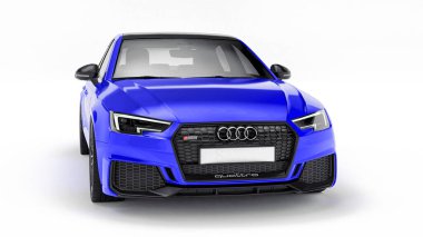 Tula, Rusya. 8 Haziran 2021: Mavi Audi RS4 Quattro 2018 lüks araba beyaz arka planda izole edildi. 3d oluşturma