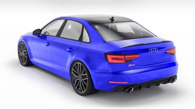 Tula, Rusya. 8 Haziran 2021: Mavi Audi RS4 Quattro 2018 lüks araba beyaz arka planda izole edildi. 3d oluşturma