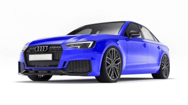 Tula, Rusya. 8 Haziran 2021: Mavi Audi RS4 Quattro 2018 lüks araba beyaz arka planda izole edildi. 3d oluşturma