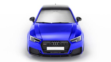 Tula, Rusya. 8 Haziran 2021: Mavi Audi RS4 Quattro 2018 lüks araba beyaz arka planda izole edildi. 3d oluşturma