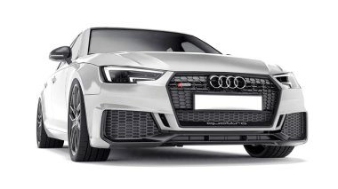 Tula, Rusya. 9 Haziran 2021: Gri Audi RS4 Quattro 2018 lüks araba beyaz arka planda izole edildi. 3d oluşturma