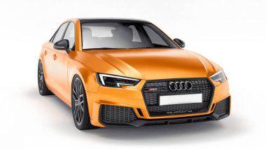Tula, Rusya. 9 Haziran 2021: Orange Audi RS4 Quattro 2018 lüks araba beyaz arka planda izole edildi. 3d oluşturma