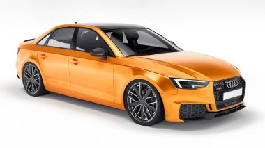 Tula, Rusya. 9 Haziran 2021: Orange Audi RS4 Quattro 2018 lüks araba beyaz arka planda izole edildi. 3d oluşturma