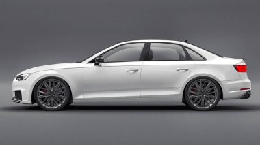 Tula, Rusya. 9 Haziran 2021: Gri arka planda izole edilmiş beyaz Audi RS4 Quattro 2018 lüks araba. 3d oluşturma