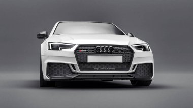 Tula, Rusya. 9 Haziran 2021: Gri arka planda izole edilmiş beyaz Audi RS4 Quattro 2018 lüks araba. 3d oluşturma